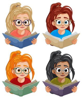 Kitap okumaya dalmış dört çizgi film kızı.