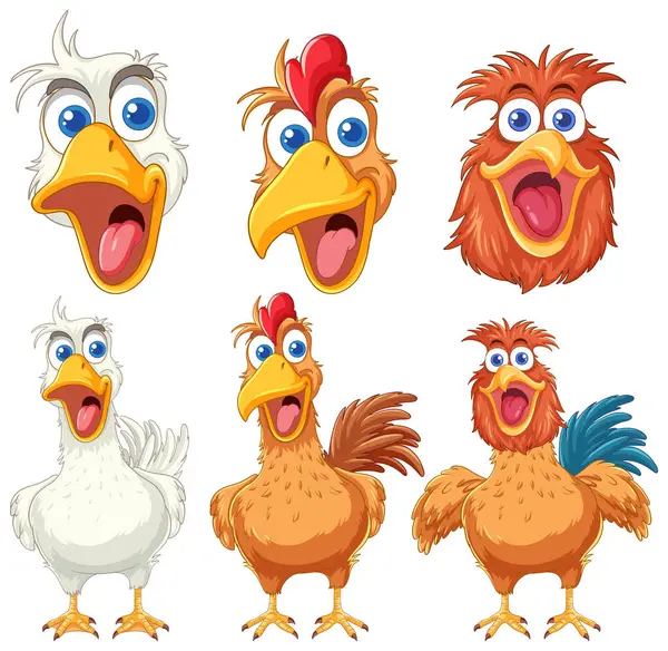 Six Animated Chickens Showing Various Emotions — Stock Vector