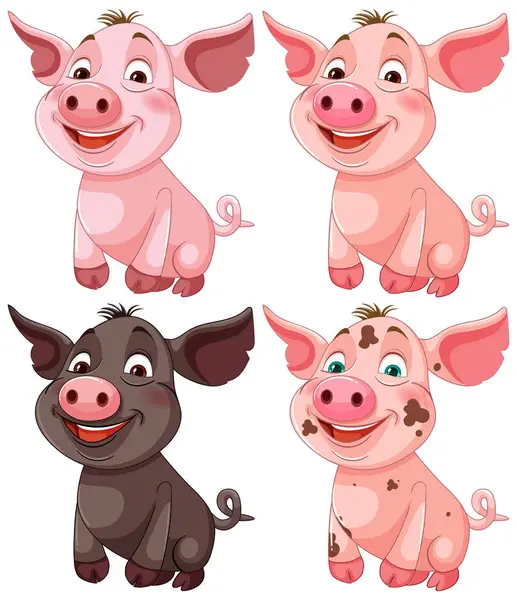 Vier Glückliche Schweine Mit Unterschiedlichen Ausdrucksformen Und Farben — Stockvektor