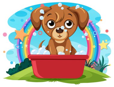 Şirin bir çizgi film köpeği dışarıda köpüklü bir banyo yapıyor.