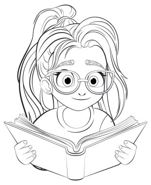 Kitap okuyan gözlüklü bir kız çizgi filmi.