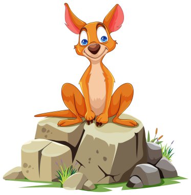 Mutlu bir animasyon köpeği taşların üzerinde oturuyor.