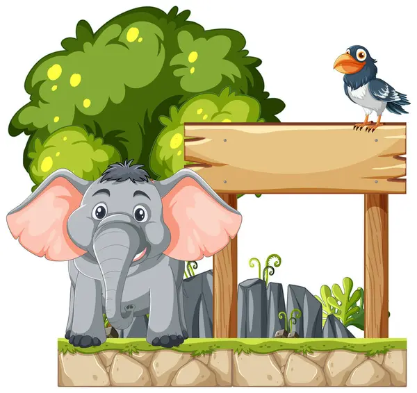 Karikatur Elefant Und Vogel Der Nähe Eines Leeren Schildes — Stockvektor