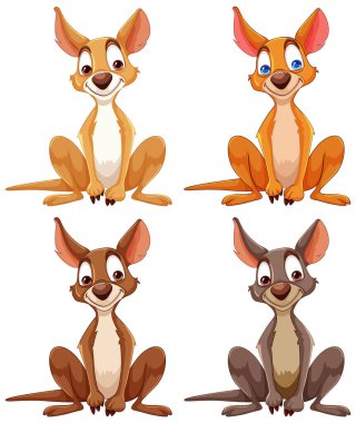 Çeşitli renklerde dört stilize köpek.