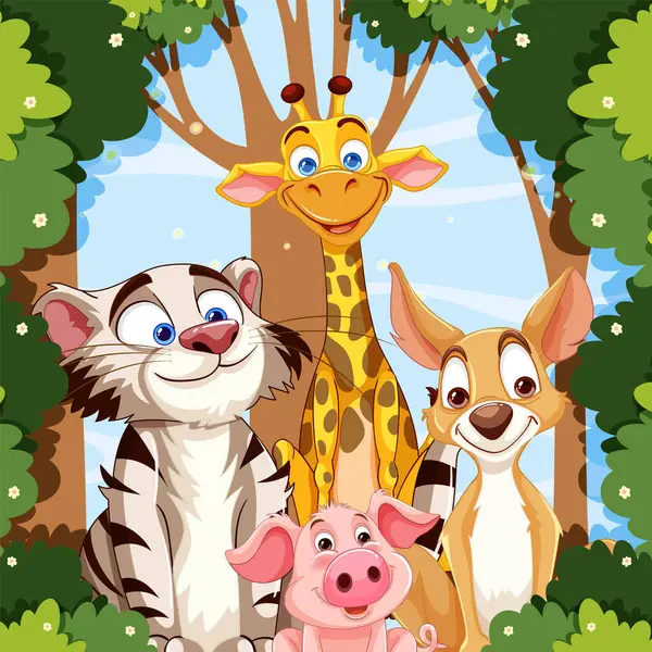Animales Dibujos Animados Sonriendo Juntos Bosque — Vector de stock