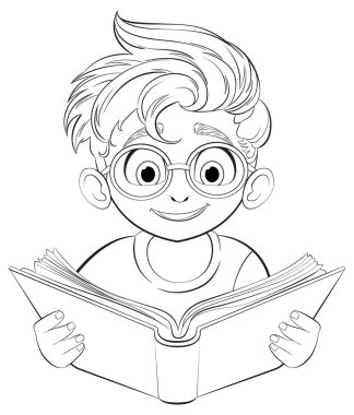 Gözlüklü bir çocuk dikkatle kitap okuyor.