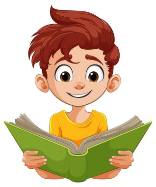 Neşeli çocuk ilgi ve sevinçle okuyor.