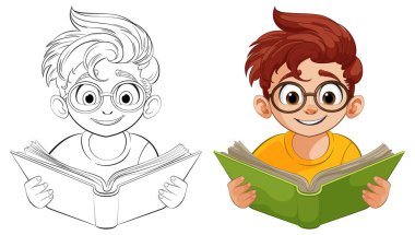 İki çizgi film çocuğu mutlu bir şekilde renkli kitaplar okuyor..