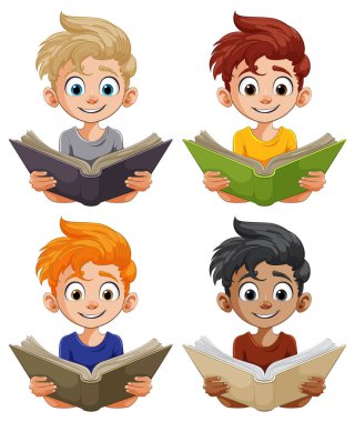 Dört çizgi film çocuğu neşeyle gülümsüyor.