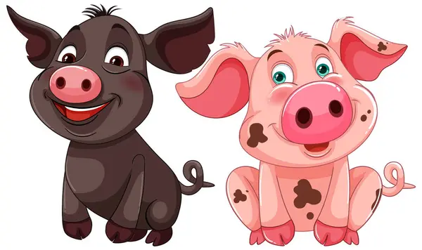 Two Happy Pigs Illustrated Vibrant Colors — Stock Vector