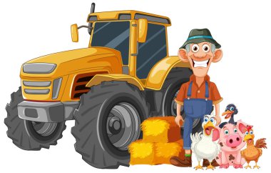 Bir çiftlikte çizgi film çiftçisi, hayvan ve traktör.