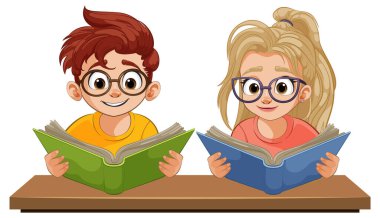 Masada kitap okuyan iki çizgi film çocuğu.