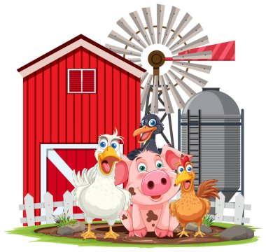 Kırmızı bir ahırın önündeki çizgi filmlerdeki çiftlik hayvanları.