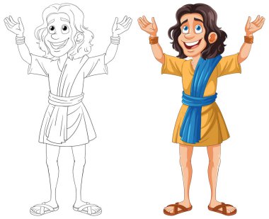 Mutlu, hareketli bir karakterin renkli çizimleri