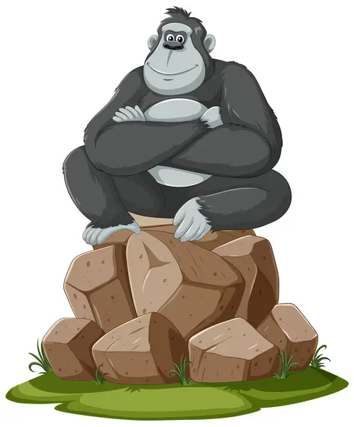 stock vector A happy gorilla sits atop a pile of stones.