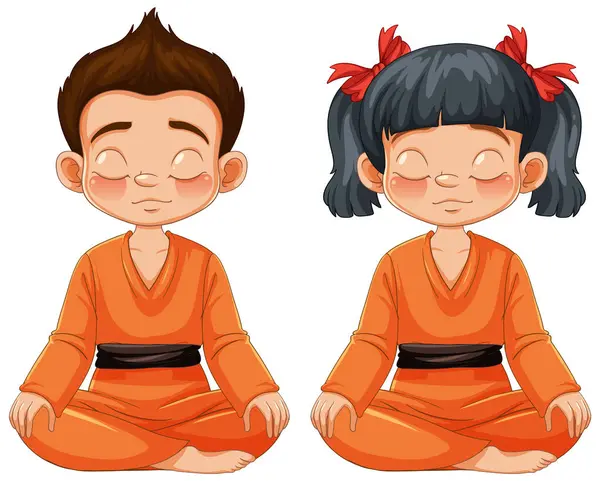 Two Kids Meditating Traditional Orange Robes — Stock Vector
