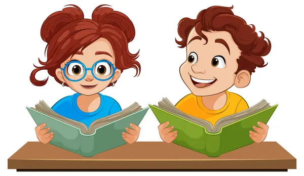 Dwójka Dzieci Szczęśliwie Czyta Książki Przy Stole — Wektor stockowy