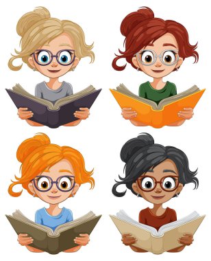 Dört çizgi film kızı farklı kitaplar okuyorlar..