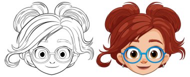 Bir kızın yüzünün çizgi sanatından renge vektör dönüşümü