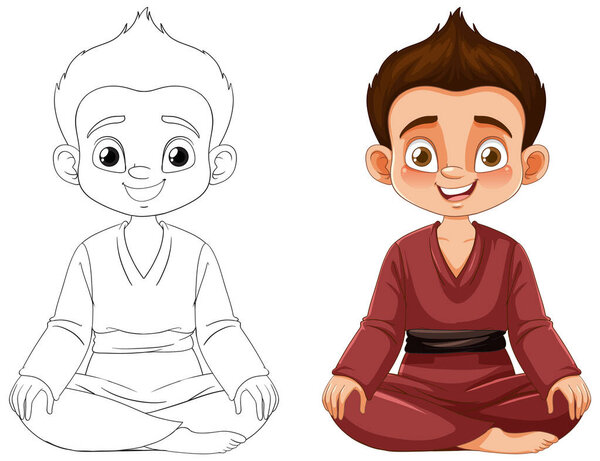 Illustration of a boy in karate attire, colored and sketched.