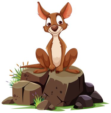 Gülümseyen bir kanguru taşın üstünde oturuyor..