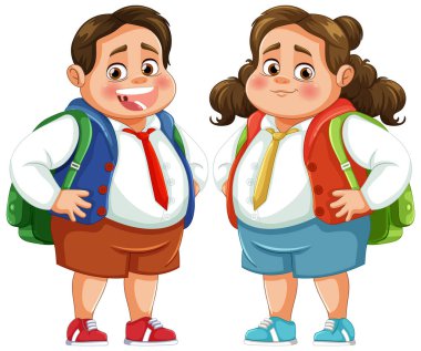 Sırt çantalı iki neşeli çocuk gülümsüyor..