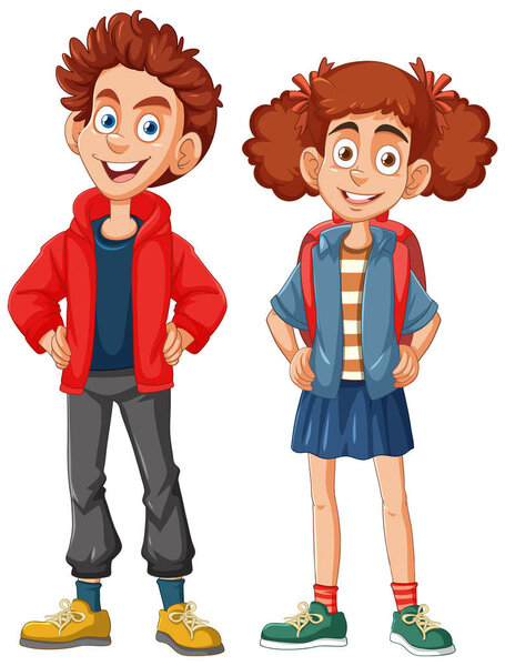 Веселый мальчик и девочка в повседневной одежде улыбаются.