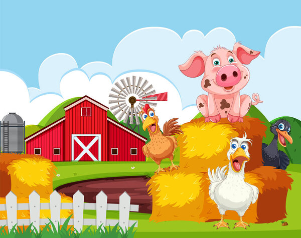 Мультфильм сельскохозяйственных животных перед красным сараем