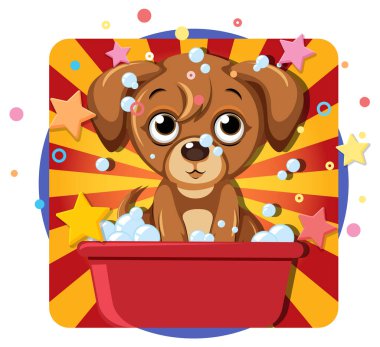 Şirin kahverengi köpek köpüklü banyonun tadını çıkarıyor.