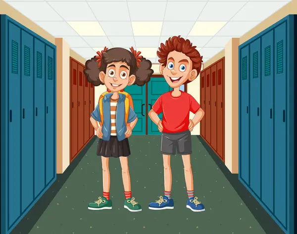 Deux Enfants Bande Dessinée Souriant Dans Couloir École — Image vectorielle