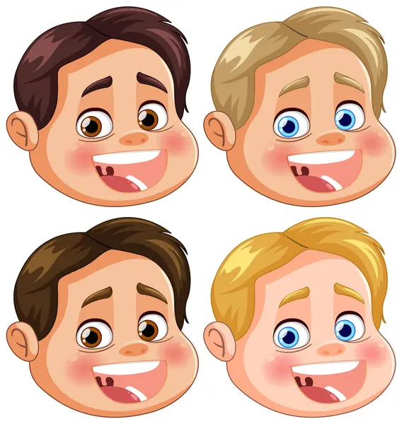 Fyra Tecknade Ansikten Visar Lycka Och Förvåning — Stock vektor