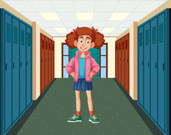 Cheerful Girl Standing School Corridor — Stock Vector