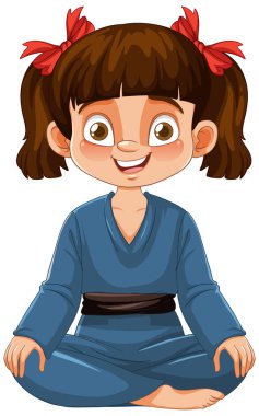 Gülümseyen genç kız karateci kız gibi oturuyor.