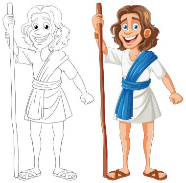 Neşeli bir karakterin renkli ve özet çizilmiş versiyonları