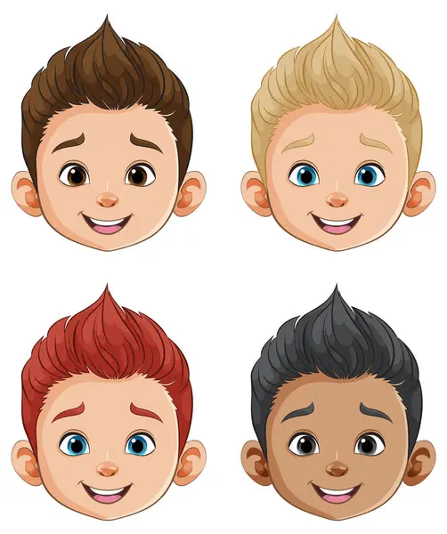 Four Cartoon Boys Different Hairstyles Expressions — Stock Vector