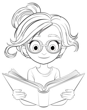 Çizgi filmdeki kız ilgilenerek kitap okuyor.