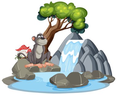 Karikatür gorili şelalenin yanında huzur içinde oturuyor.
