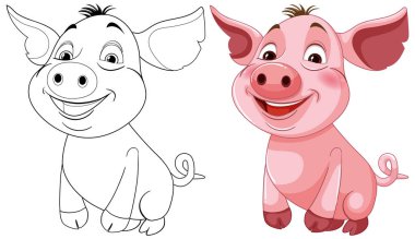 İki gülümseyen domuz, biri renkli, diğeri ise çizili..