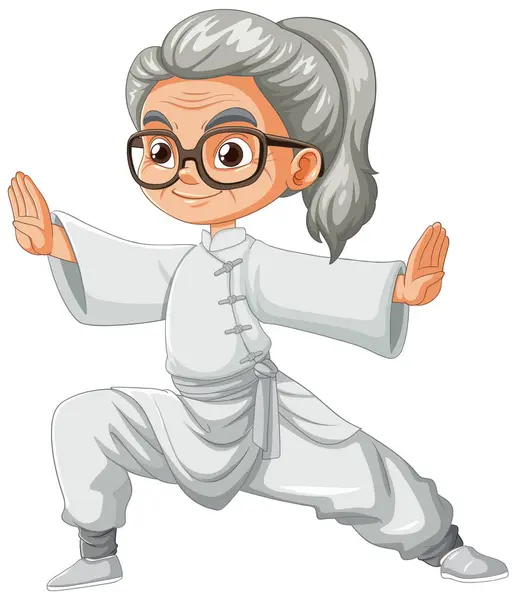 Cartoon Senior Woman Tai Chi Pose — Stock Vector