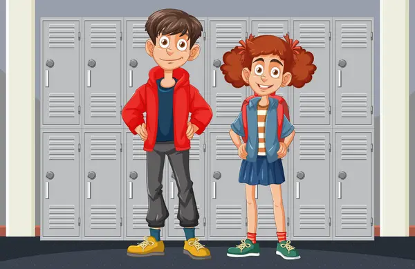 Deux Enfants Heureux Debout Dans Couloir École — Image vectorielle