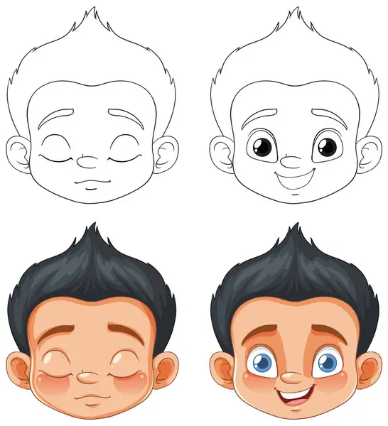 Vier Phasen Des Gesichts Eines Jungen Von Der Skizze Bis — Stockvektor