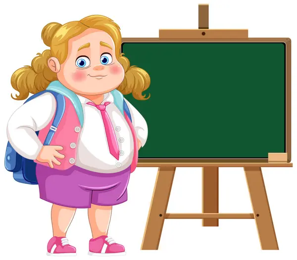 Cheerful Young Girl Standing Chalkboard — Stock Vector
