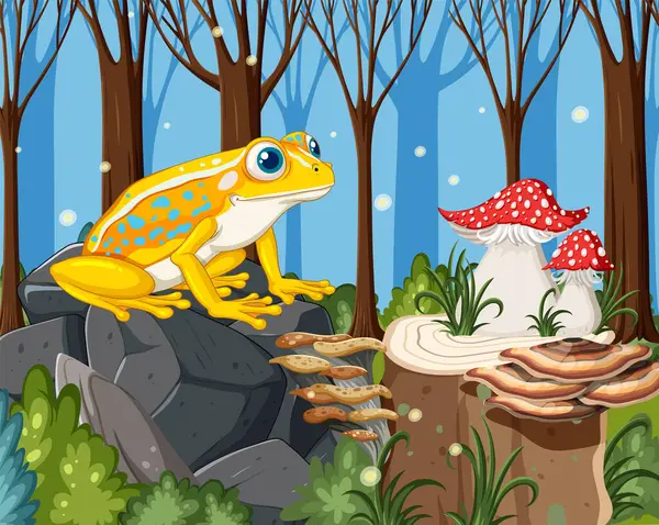 活泼的青蛙坐在有蘑菇的岩石上 — 图库矢量图片