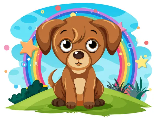 カラフルな虹の下に座っている愛らしい茶色の子犬 — ストックベクタ