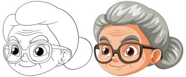 Gözlüklü, gülümseyen yaşlı bir kadının vektör sanatı.
