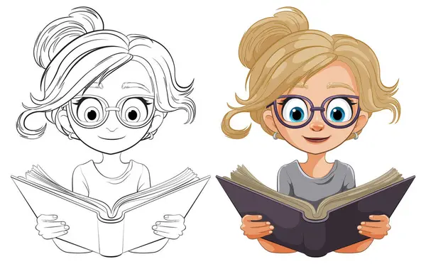 Cartoon Girl Glasses Reading Intently — Stock Vector