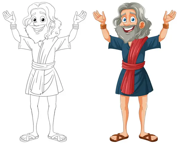 Colorful Drawing Happy Bearded Ancient Man — Stock Vector