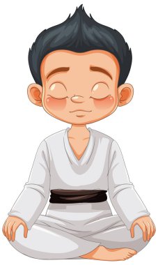 Cartoon boy meditating in traditional karate attire. clipart