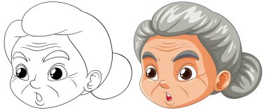 Yaşlı bir kadının yüzü, renkli ve çizgi sanatının vektör çizimi.