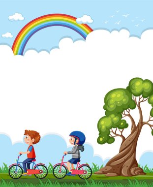 İki çocuk renkli bir gökkuşağının altında bisiklet sürüyor..